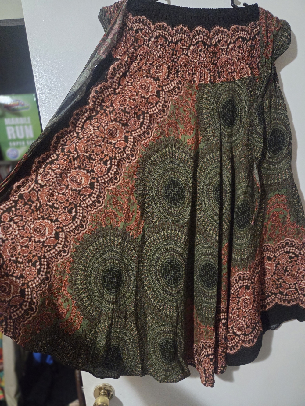 Boho Circle-Print Smocked Waist Skater Skirt in Olive and Rust